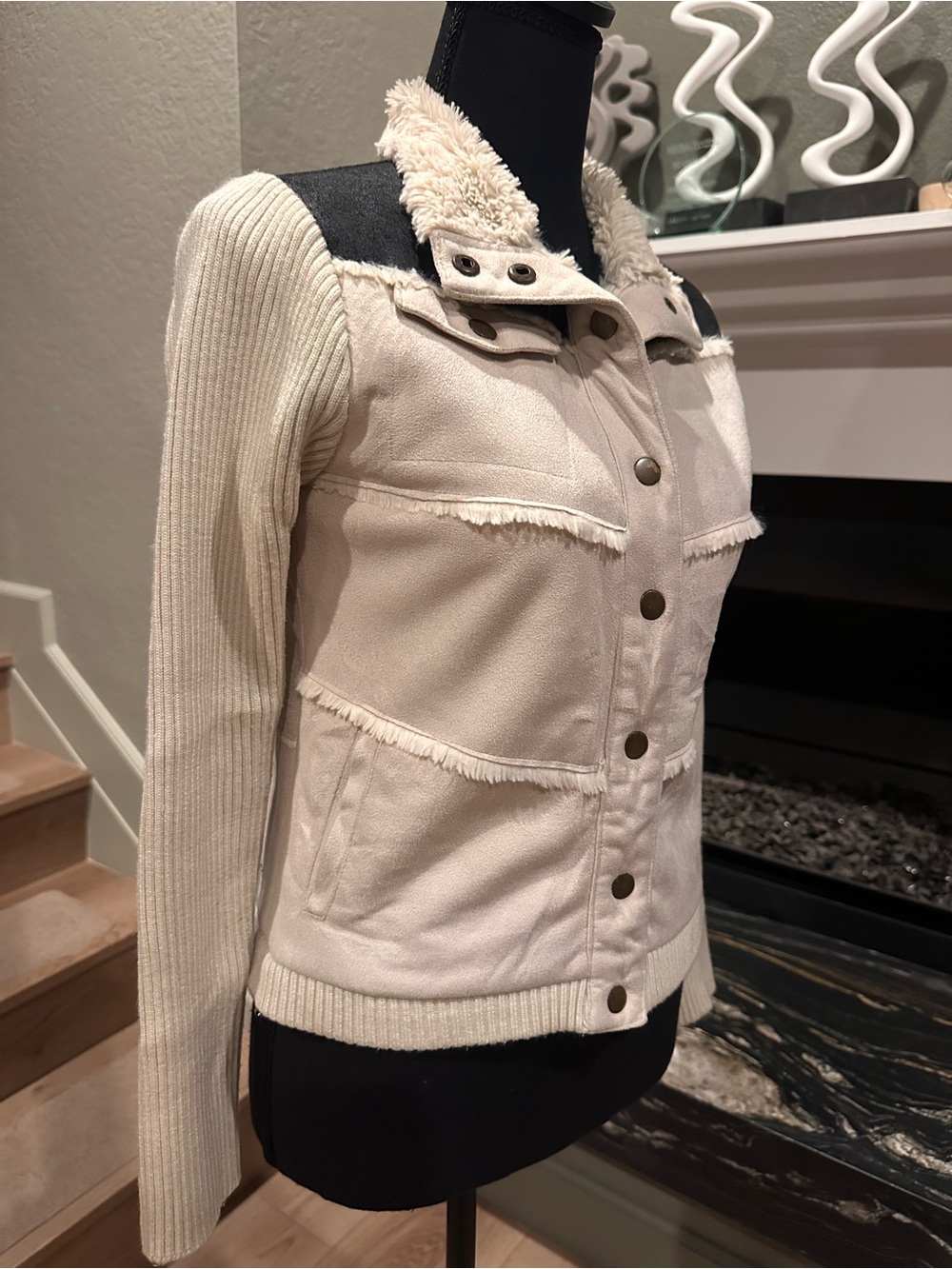 Chaser Black & Cream Teddy Sherpa Lined Button Front Jacket | Size XS